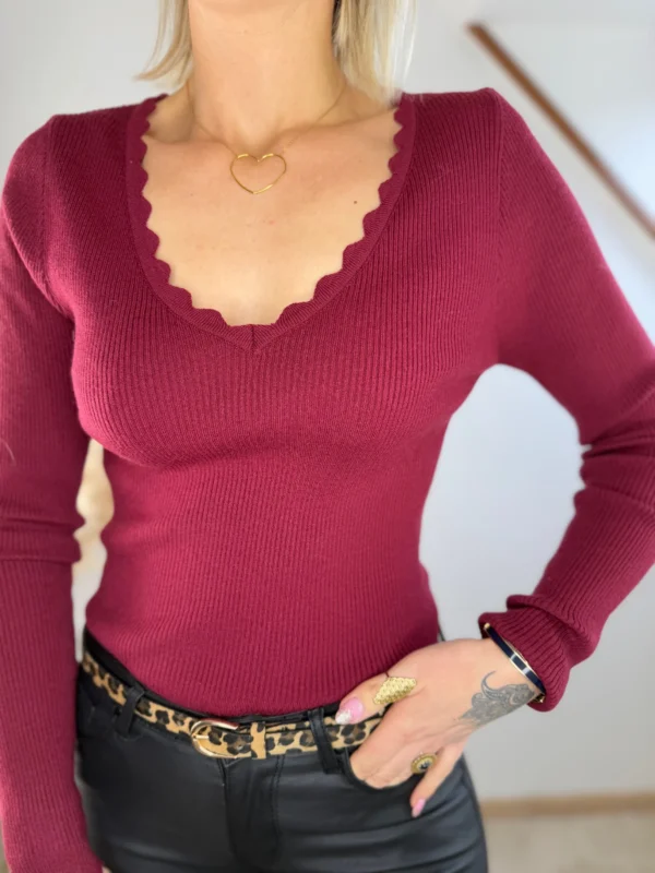 Haut Maille Côtelé Femme – Bordeaux et Camel | Dream By C