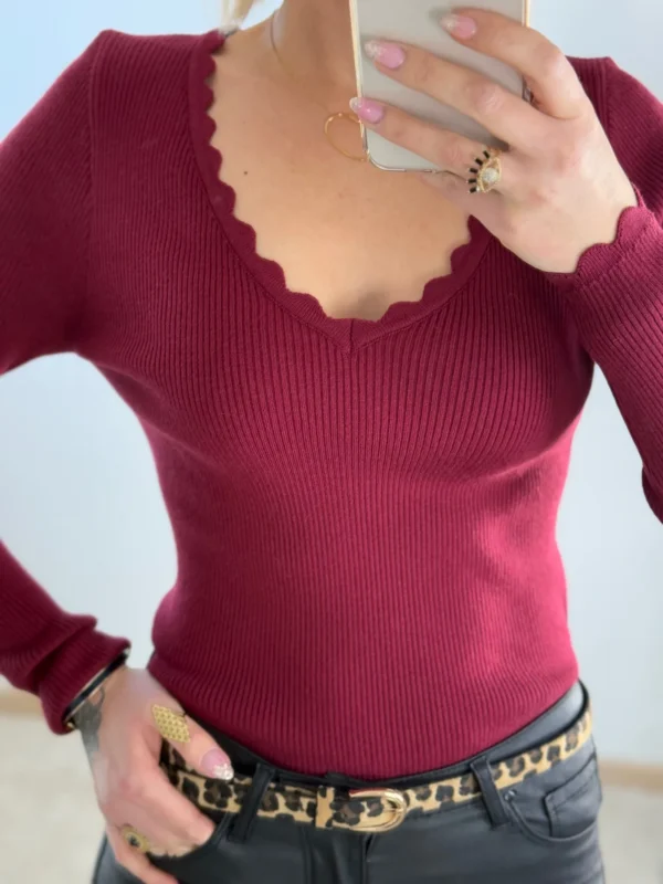 Haut Maille Côtelé Femme – Bordeaux et Camel | Dream By C