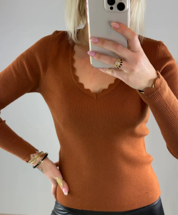 Haut Maille Côtelé Femme – Bordeaux et Camel | Dream By C