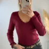 Haut Maille Côtelé Femme – Bordeaux et Camel | Dream By C