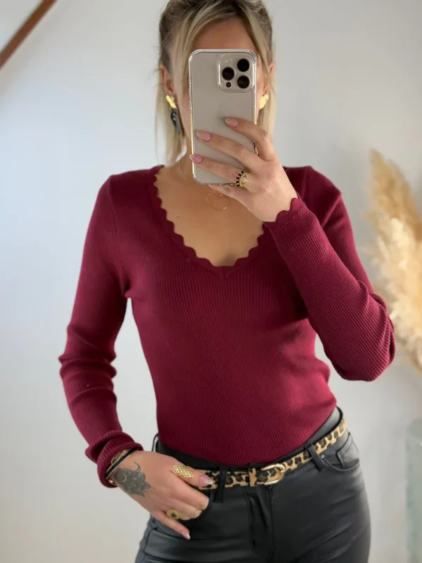 Haut Maille Côtelé Femme – Bordeaux et Camel | Dream By C