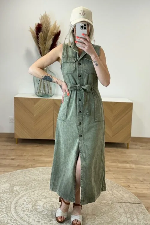 robe-en-jean-longue-kaki-dreambyc- Robe en Jean Longue Kaki – Style Chemise | Dream By C