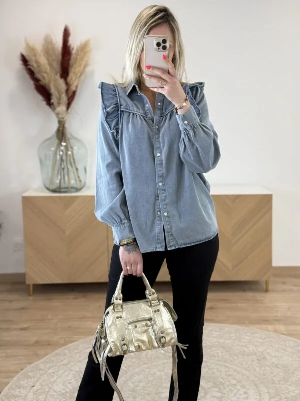 Chemise en Jean Femme Chic – Bleu Gris & Volants | Dream By C
