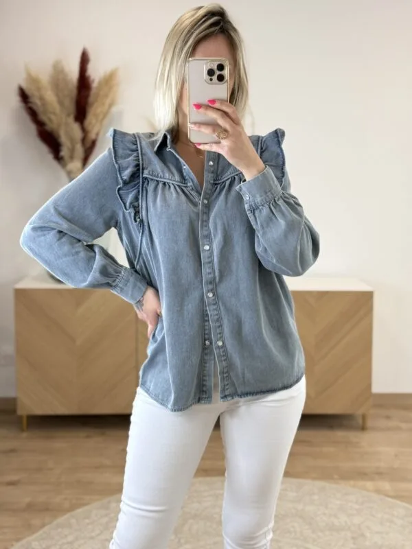 Chemise en Jean Femme Chic – Bleu Gris & Volants | Dream By C