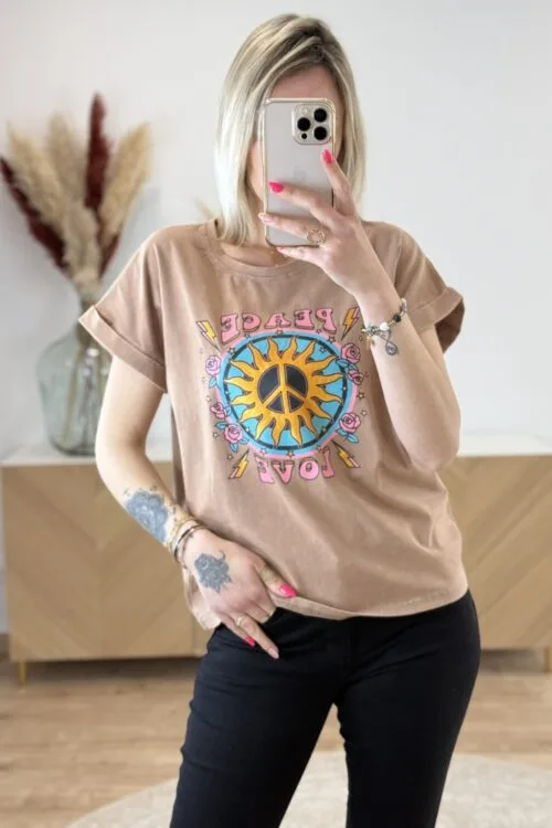 Tee Shirt Peace and Love – Taupe & Multicolore | Dream By C