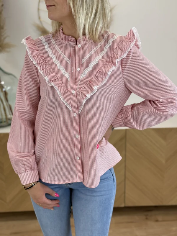 Chemisier femme rouge – Col Mao & dentelle | Dream By C