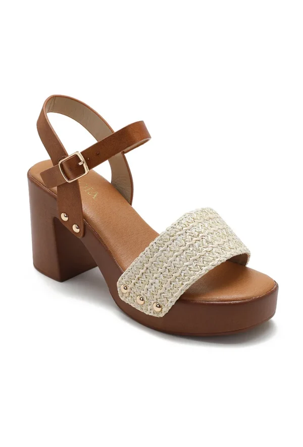 Sandale à Talon Carré Femme – effet bois, tressage naturel !