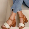 Sandale à Talon Carré Femme – effet bois, tressage naturel !