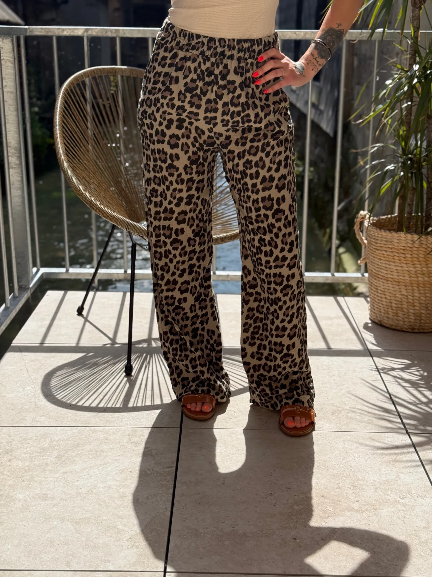Pantalon Femme Cidre Taille Large Imprimé Léopard Doré - Taille XL, 100% Coton, Neuf Avec étiquette