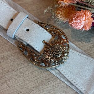 Ceinture femme beige élastique – Boucle dorée tournesol vintage