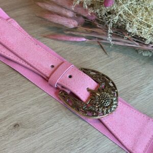 Ceinture rose clair femme – Boucle tournesol dorée style bohème