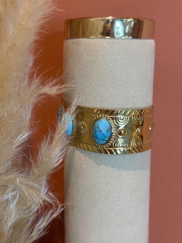 Manchette dorée femme avec pierres turquoise – Acier inoxydable