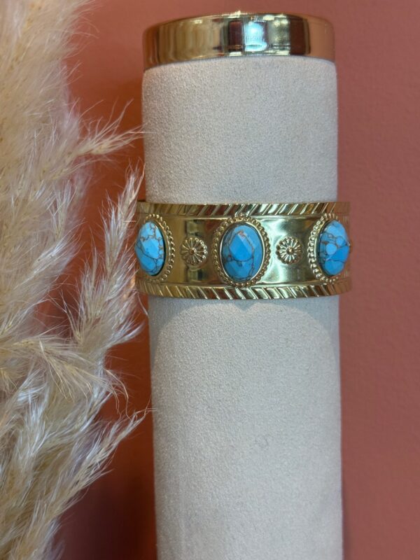 Manchette dorée femme avec pierres turquoise – Acier inoxydable