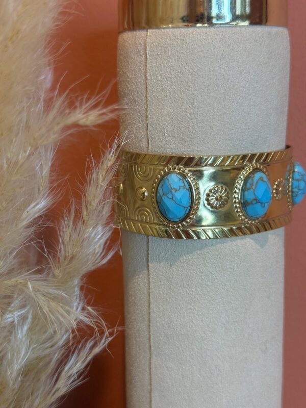 Manchette dorée femme avec pierres turquoise – Acier inoxydable