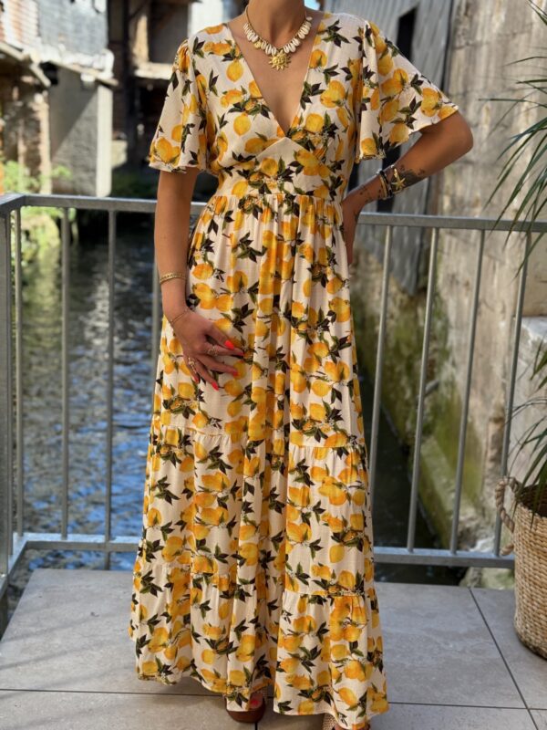 Robe Citrons – Robe longue fluide à imprimé fruité & col V