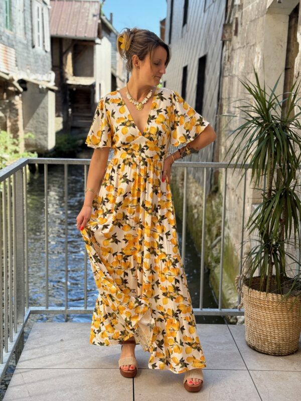 Robe Citrons – Robe longue fluide à imprimé fruité & col V