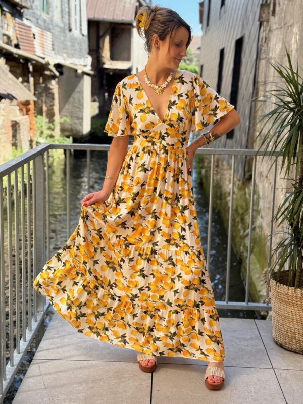 Robe Citrons – Robe longue fluide à imprimé fruité & col V