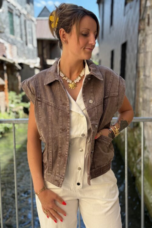 Veste sans manche en jeans chocolat – Gilet oversize en denim