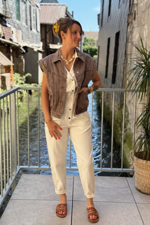 Veste sans manche en jeans chocolat – Gilet oversize en denim