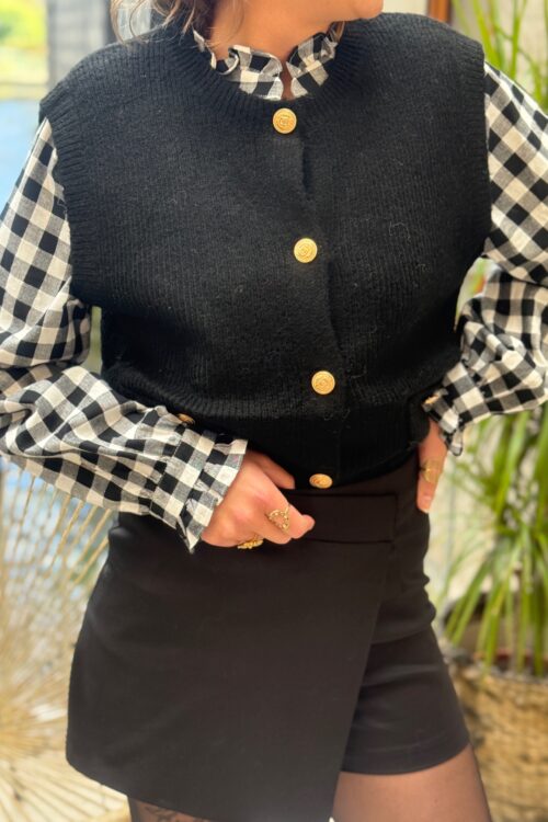 Gilet noir sans manches femme – Boutons dorés élégants