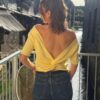 Haut jaune femme – Top uni à nœud au dos en viscose