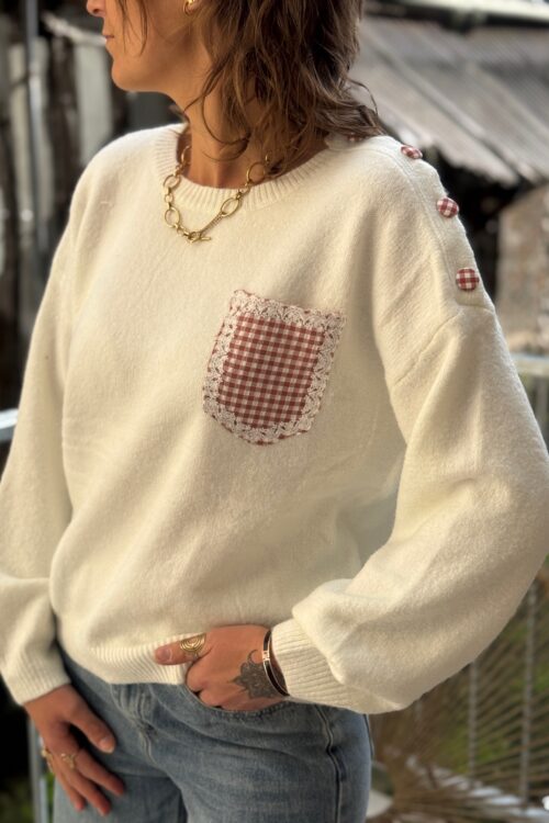 Pull avec boutons sur l’épaule femme – Détails Vichy !