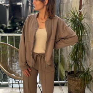 Sweat taupe – À zip en coton, style bomber