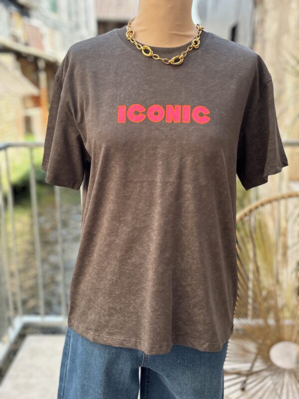 T shirt iconic gris anthracite et rose femme – 100 % coton