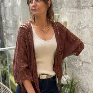 Gilet chocolat femme – Court brodé manches 3/4