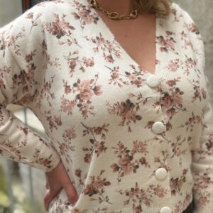 Gilet fleuri femme – Maille élégante vieux rose et chocolat