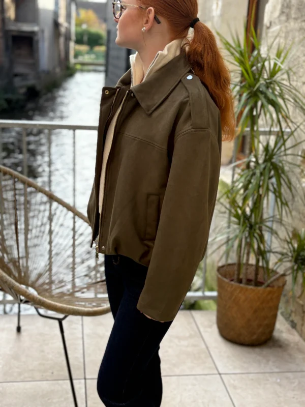 Veste suédine kaki tendance avec fermeture dorée - Dream By C