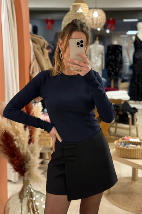 Haut bleu marine femme manches longues côtelé | Dream By C