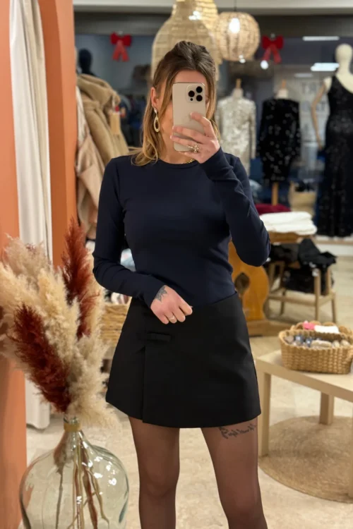 Haut bleu marine femme manches longues côtelé | Dream By C