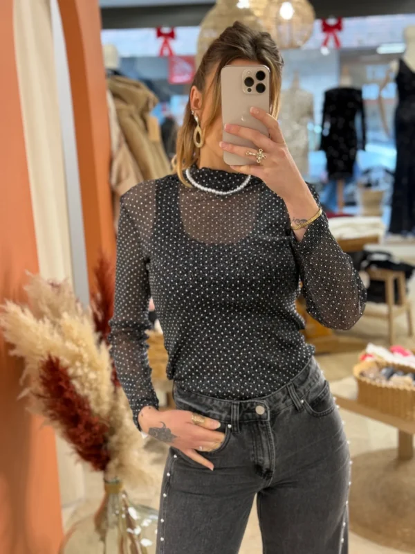 Top strass noir femme manches longues élégant | Dream By C