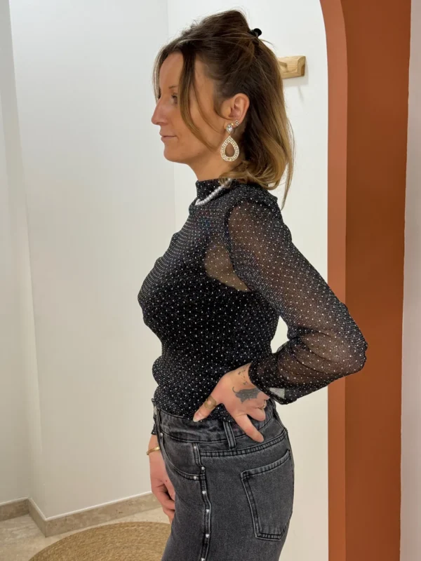 Top strass noir femme manches longues élégant | Dream By C