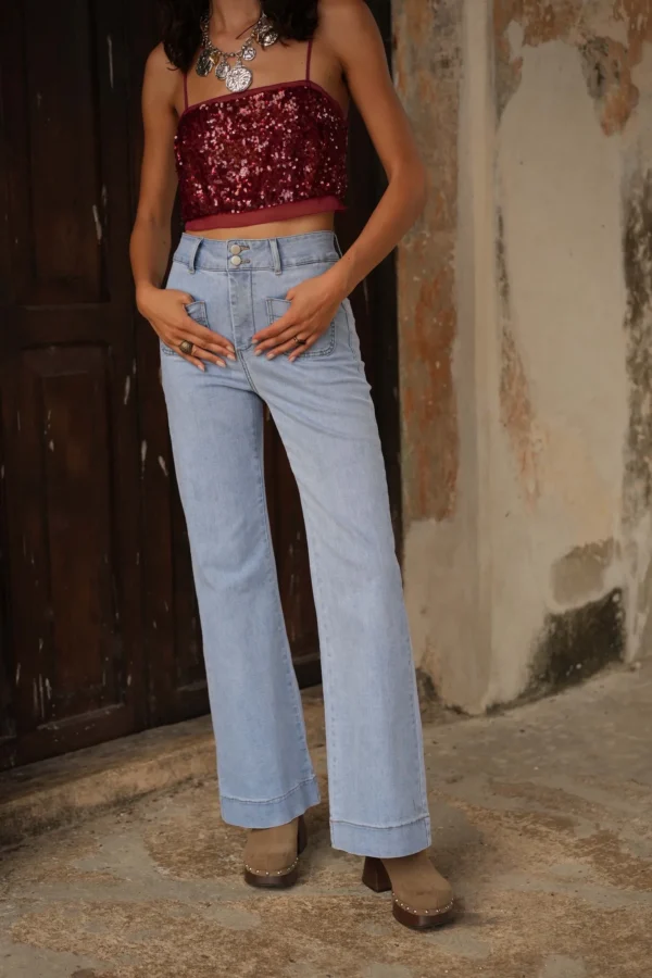 Jean flare bleu clair taille haute – Jambes longues | Dream By C