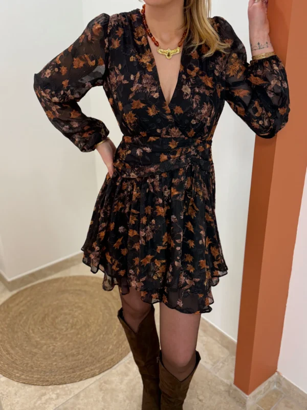 Robe courte fleurie noire manches bouffantes