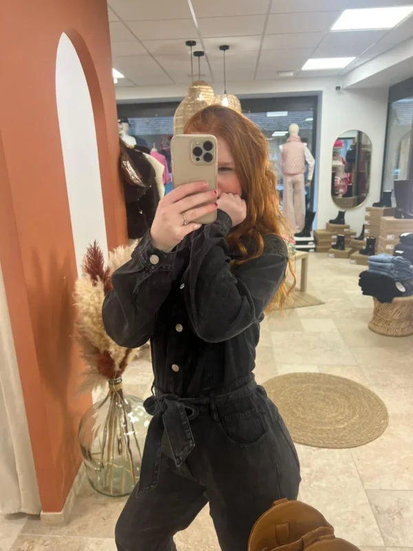 Combinaison jean femme longue ceinturée