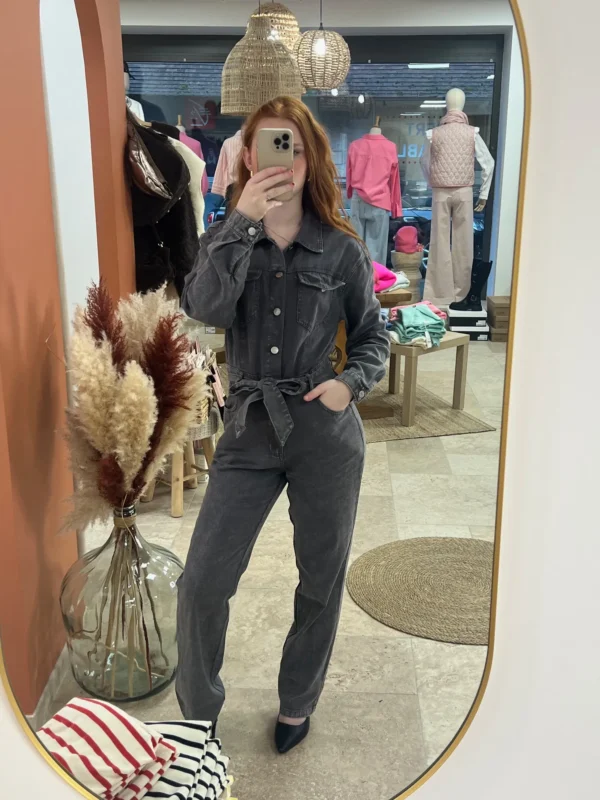 Combinaison jean femme longue ceinturée