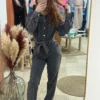Combinaison jean femme longue ceinturée