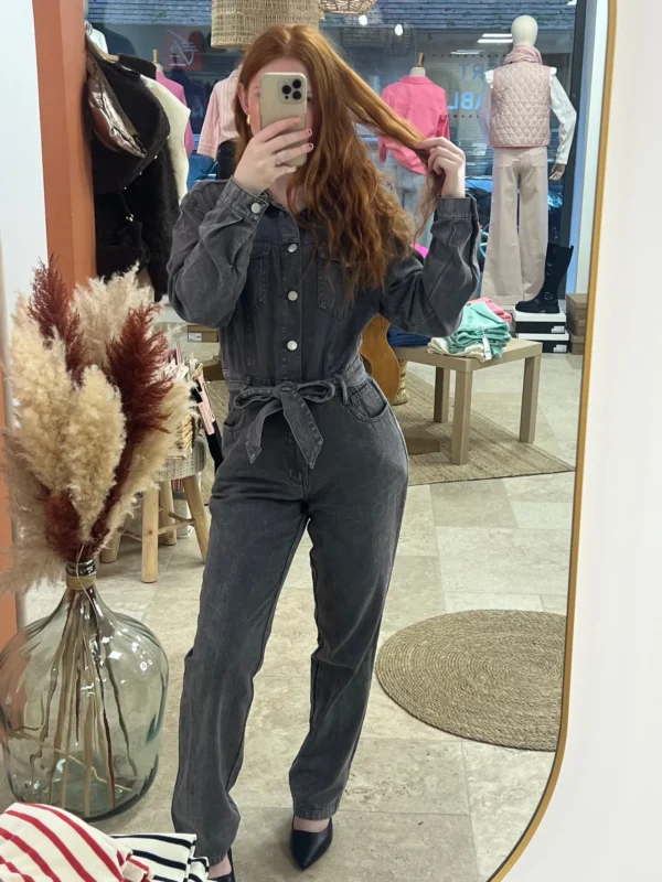 Combinaison jean femme longue ceinturée