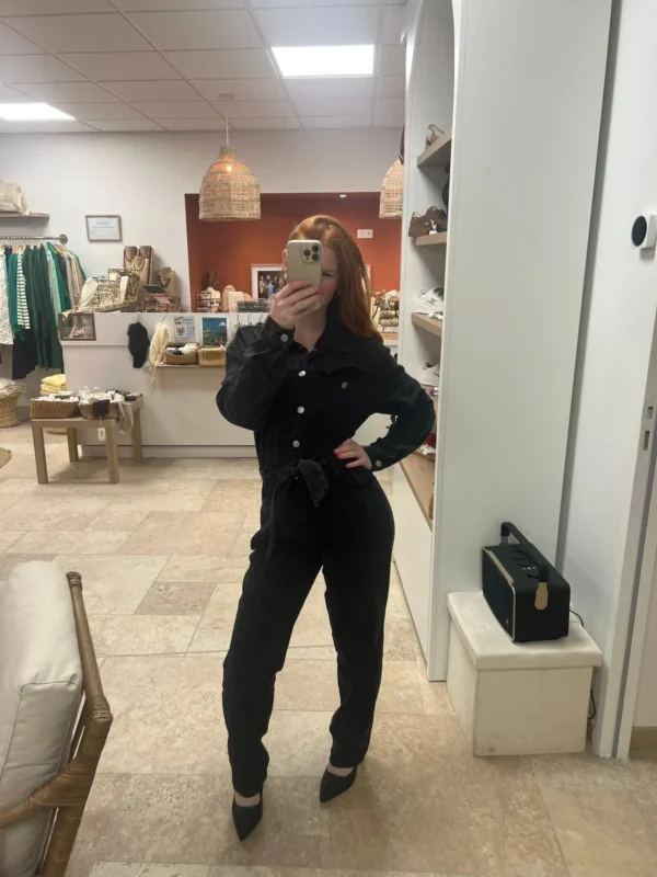 Combinaison jean femme longue ceinturée