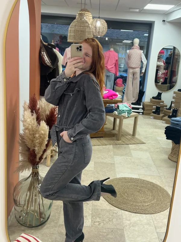 Combinaison jean femme longue ceinturée