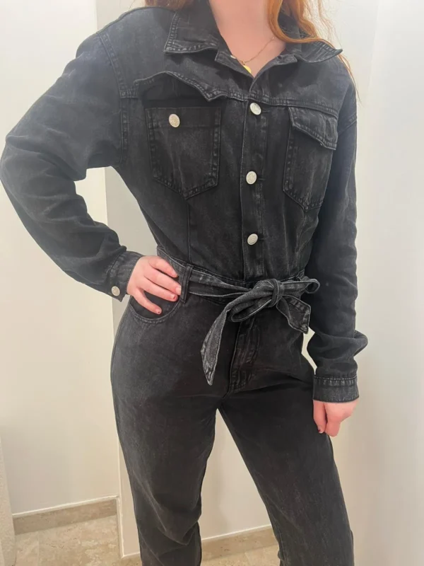Combinaison jean femme longue ceinturée