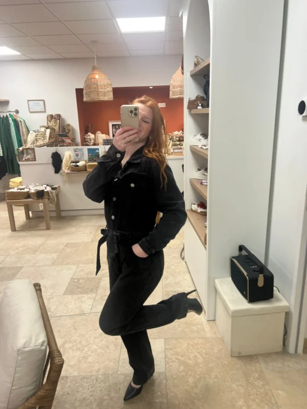Combinaison jean femme longue ceinturée