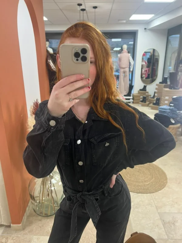 Combinaison jean femme longue ceinturée