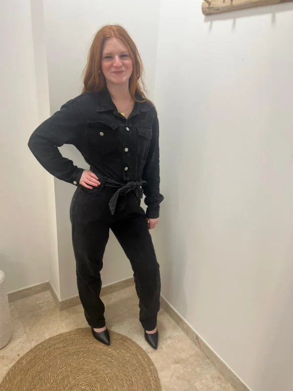 Combinaison jean femme longue ceinturée