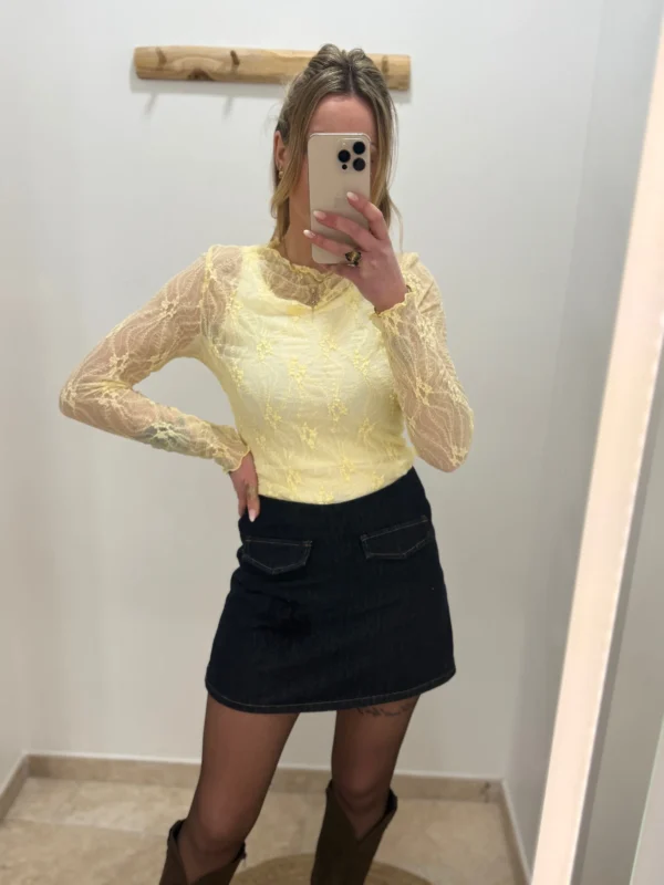 Haut dentelle femme jaune pâle manches longues - Dream By C