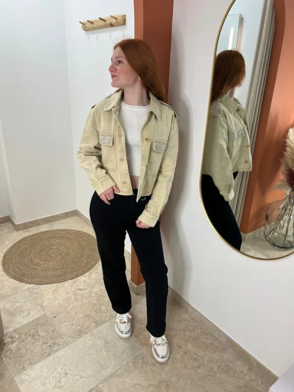 Veste jean beige femme avec strass