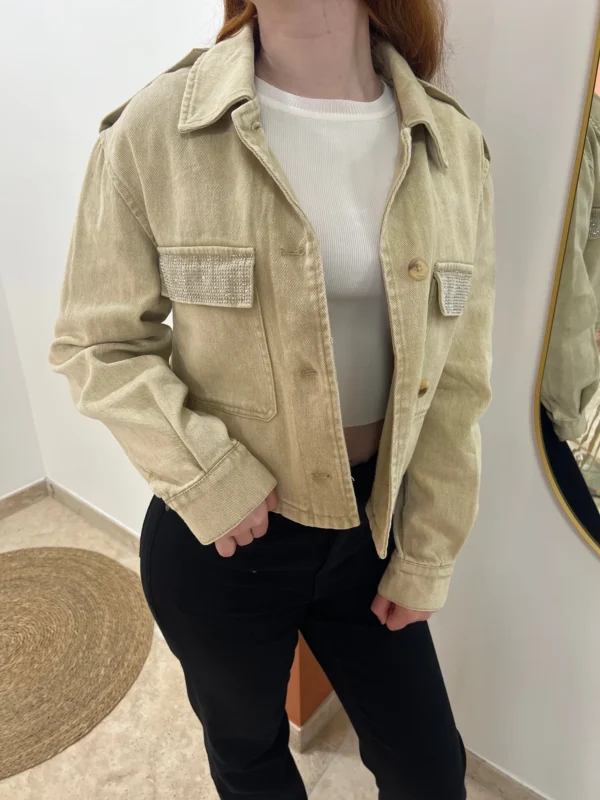 Veste jean beige femme avec strass